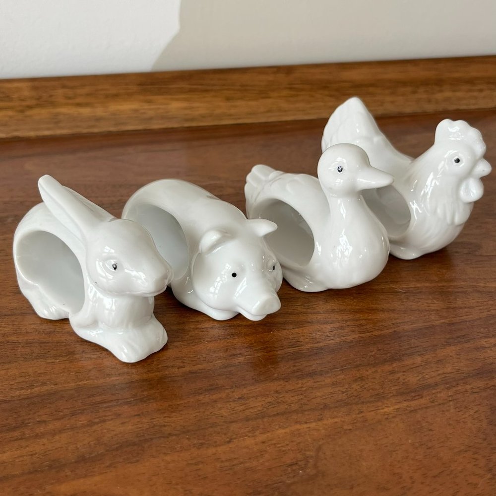4 Vintage White Porcelain Farm Animal Napkin Rings Easter Spring Bunny Duck Pig